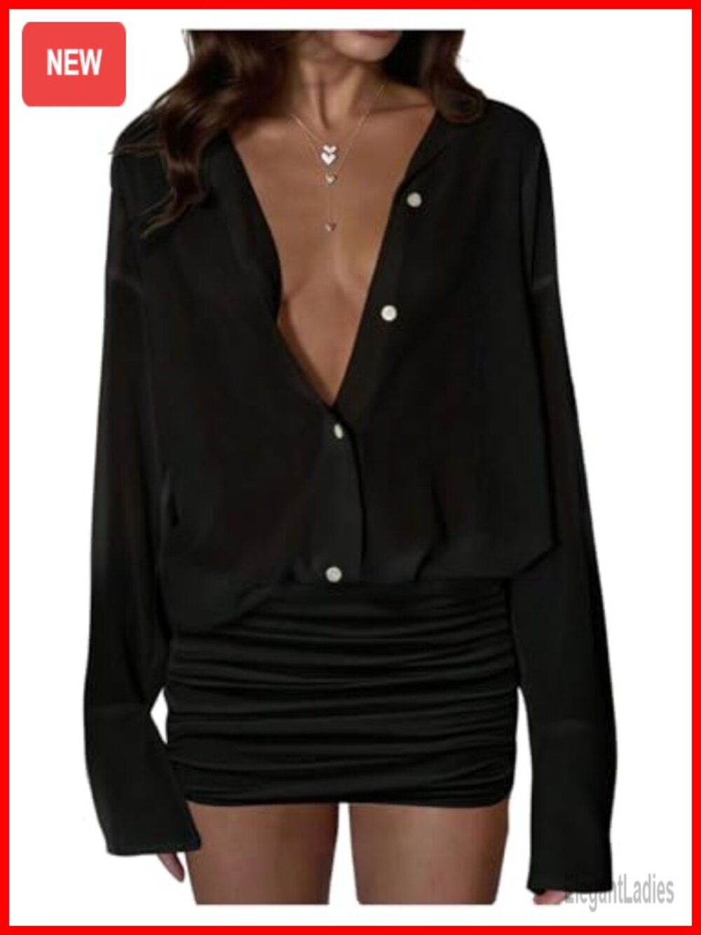 Women's Sheer Mesh Long Sleeve Button Up Dress, Ruched Waist Party